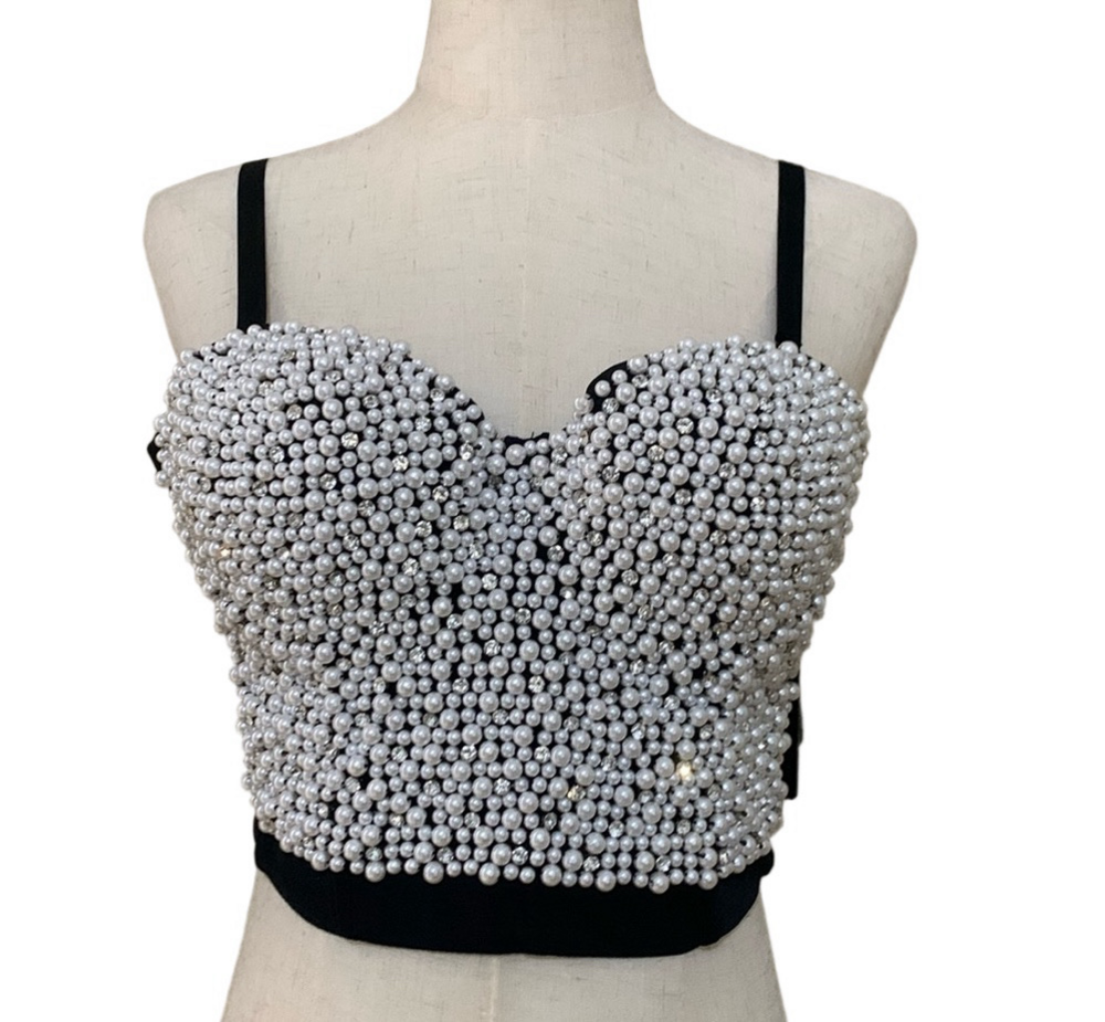 She's Moda Rhinestones Top Corset Small Pearl Studded Black Bustier Cropped Goth